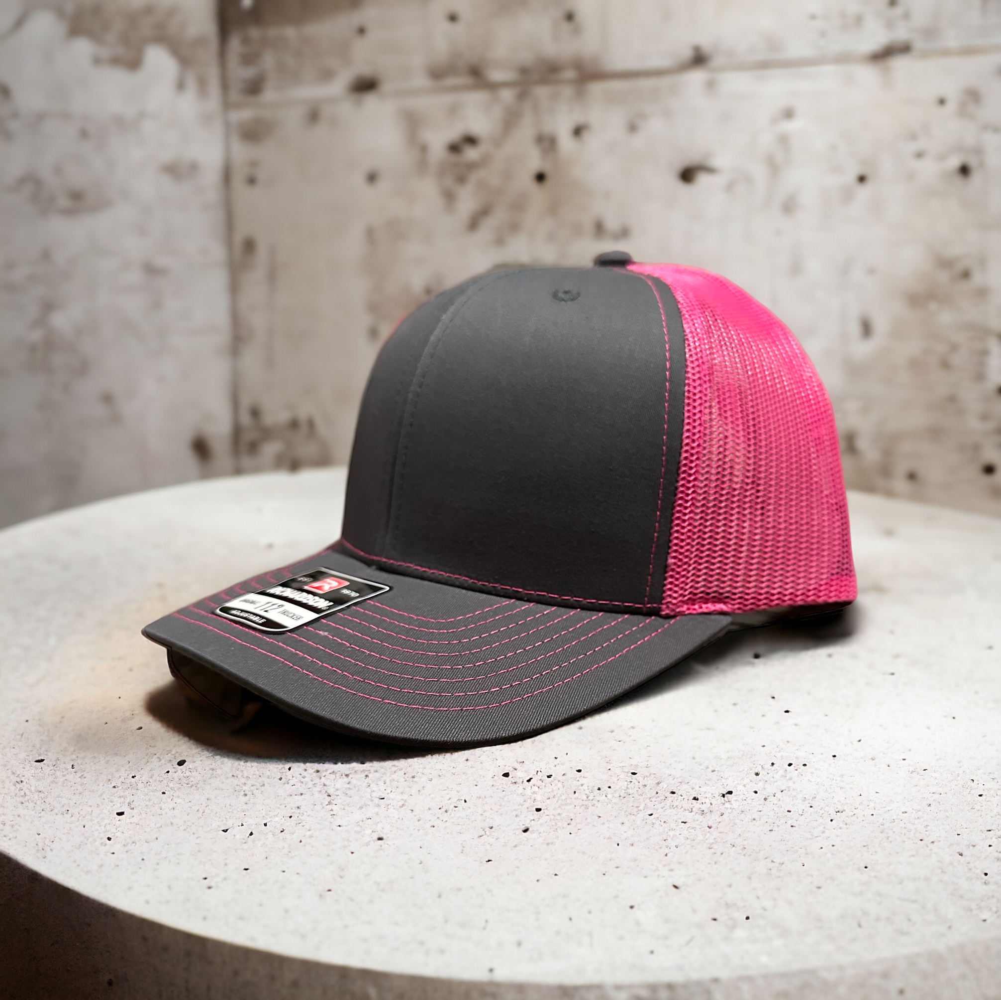 Richardson 112 - 6 Panel Snapback Trucker Cap - Charcoal/Neon Pink -  Whiskey Charlie Custom Designs